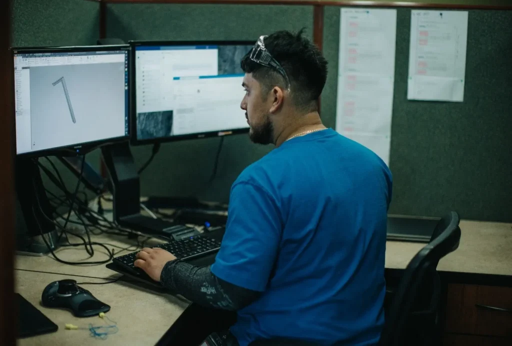 A man designing mechanical parts in front of two screens