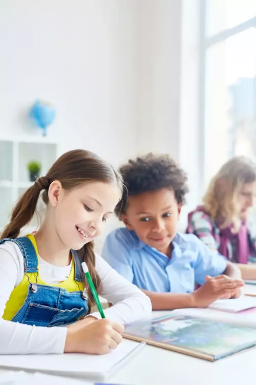 Smiling children at school desks